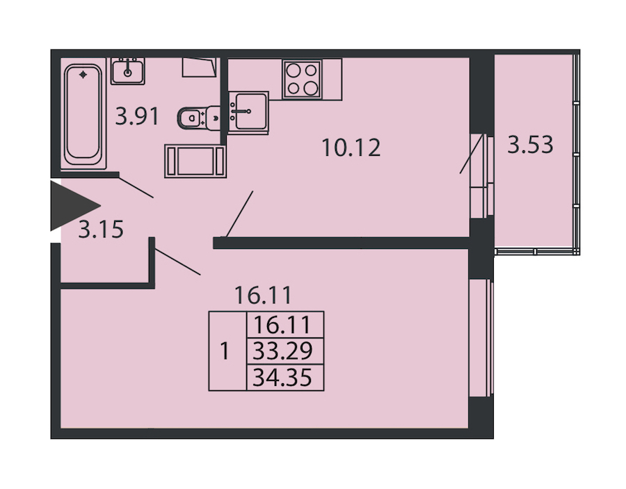 1-комнатная квартира 33.29 м², 12/12 эт., ЖК «Полис ЛАВрики»